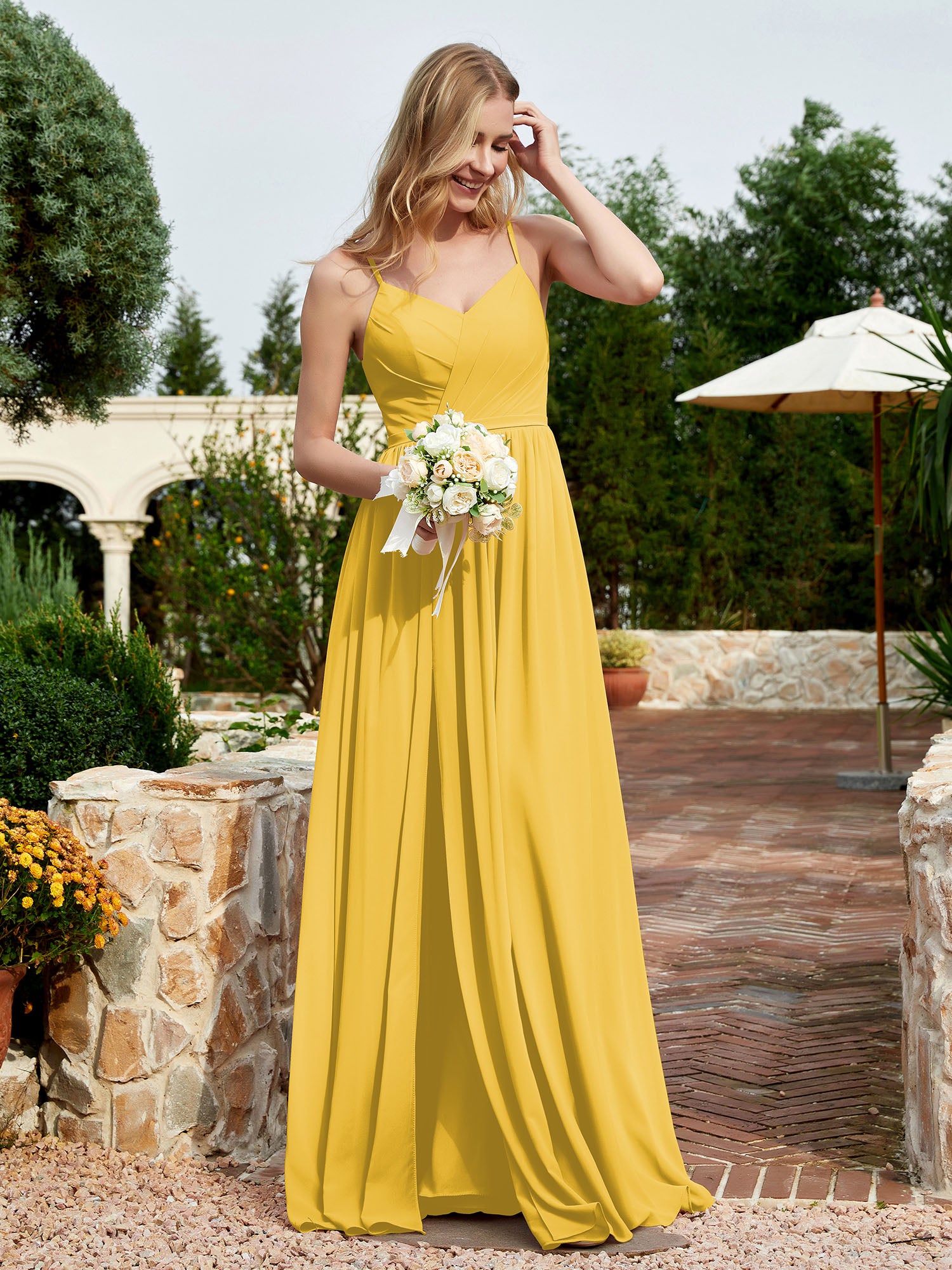 V-neck Spaghetti Straps Bridesmaid Dress With Slit Marigold